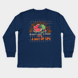 Watermelon is not just a fruit, it's a way of life watermelon with pieces with background as a brown mesh for lovers of sweet and juicy watermelon Kids Long Sleeve T-Shirt